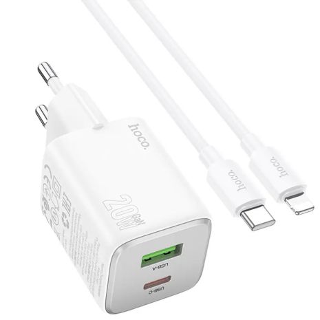 Мережевий зарядний пристрій Hoco N41, USB, Type-C, 20W, 3А, PD, QC, white, кабель Type-C to Lightning Мережевий зарядний пристрій Hoco N41, USB, Type-C, 20W, 3А, PD, QC, white, кабель Type-C to Lightning