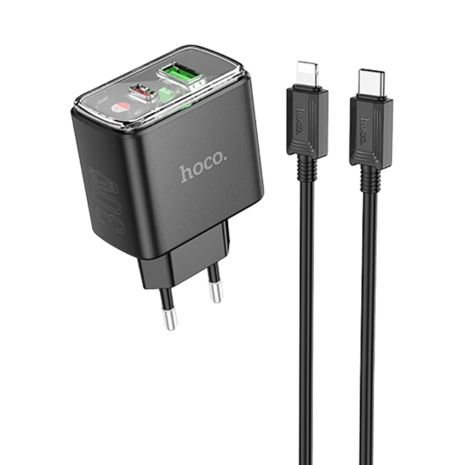 Мережевий зарядний пристрій Hoco CS42A, USB, Type-C, PD 30W, QC, black, кабель Type-C to Lightning Мережевий зарядний пристрій Hoco CS42A, USB, Type-C, PD 30W, QC, black, кабель Type-C to Lightning