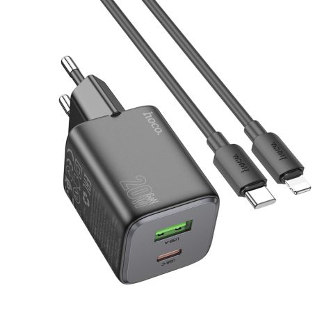 Мережевий зарядний пристрій Hoco N41, USB, Type-C, 20W, 3А, PD, QC, black, кабель Type-C to Lightning Мережевий зарядний пристрій Hoco N41, USB, Type-C, 20W, 3А, PD, QC, black, кабель Type-C to Lightning