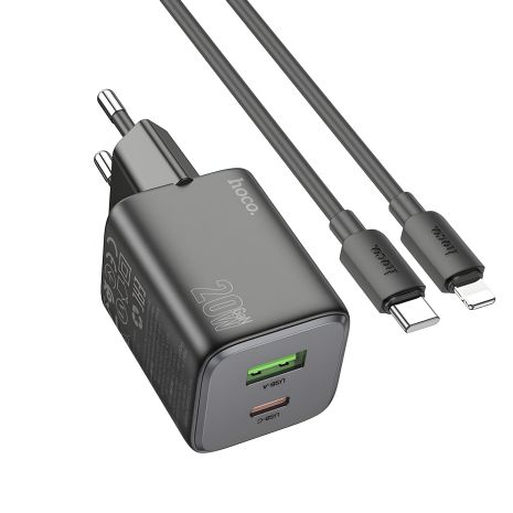 Зарядное сетевое устройство Hoco N41 USB/Type-C PD QC black + кабель Type-C to Lightning Зарядное сетевое устройство Hoco N41 USB/Type-C PD QC black + кабель Type-C to Lightning
