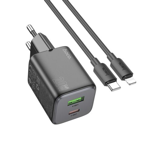 Мережевий зарядний пристрій Hoco N41, USB, Type-C, 20W, 3А, PD, QC, black, кабель Type-C to Lightning Мережевий зарядний пристрій Hoco N41, USB, Type-C, 20W, 3А, PD, QC, black, кабель Type-C to Lightning