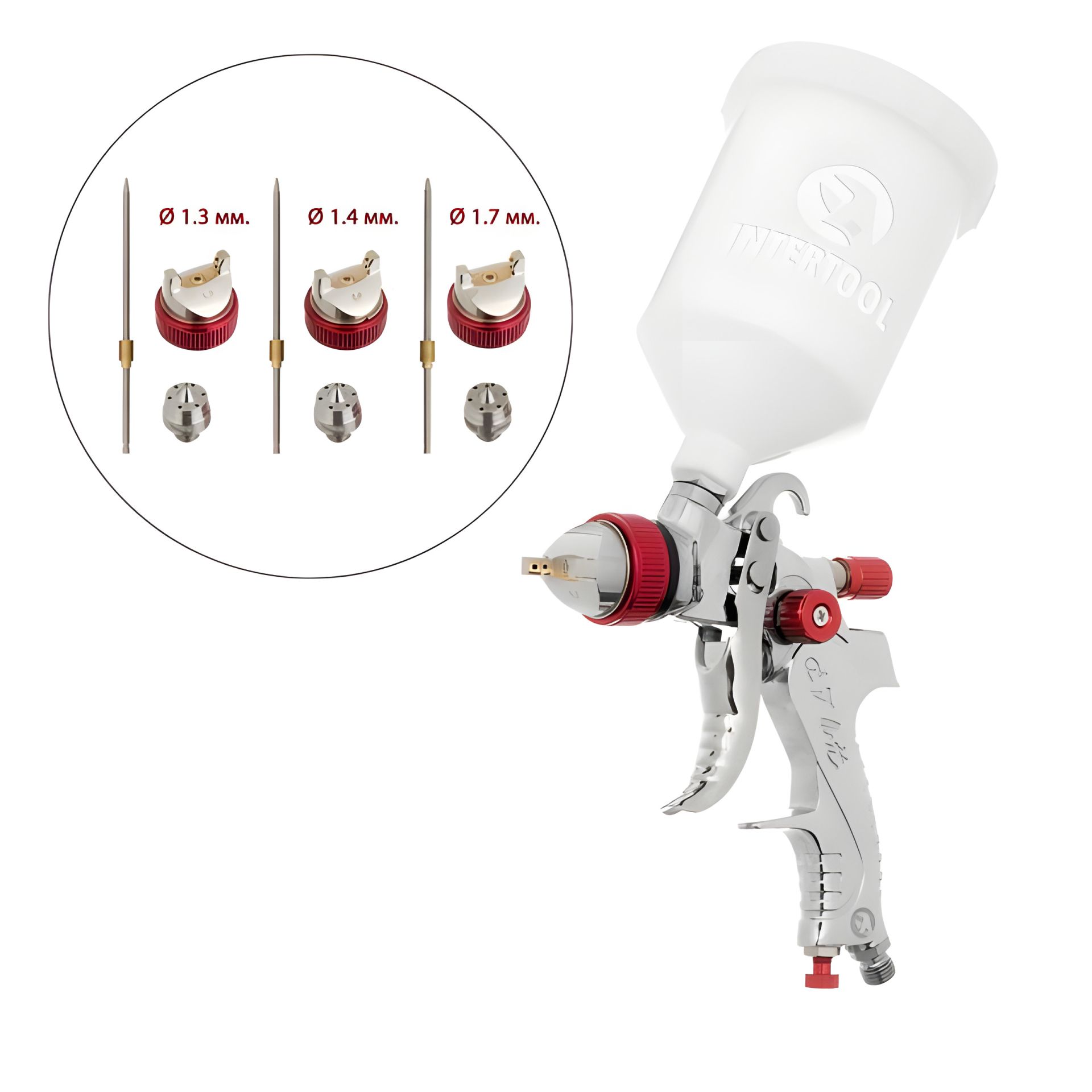 Пневматичний краскопульт HVLP з набором форсунок: 1,3 мм, 1,4 мм, 1,7 мм, пластиковий верхній бачок: 600 мл, 3 бар INTERTOOL PT-0153 Пневматичний краскопульт HVLP з набором форсунок: 1,3 мм, 1,4 мм, 1,7 мм, пластиковий верхній бачок: 600 мл, 3 бар INTERTOOL PT-0153