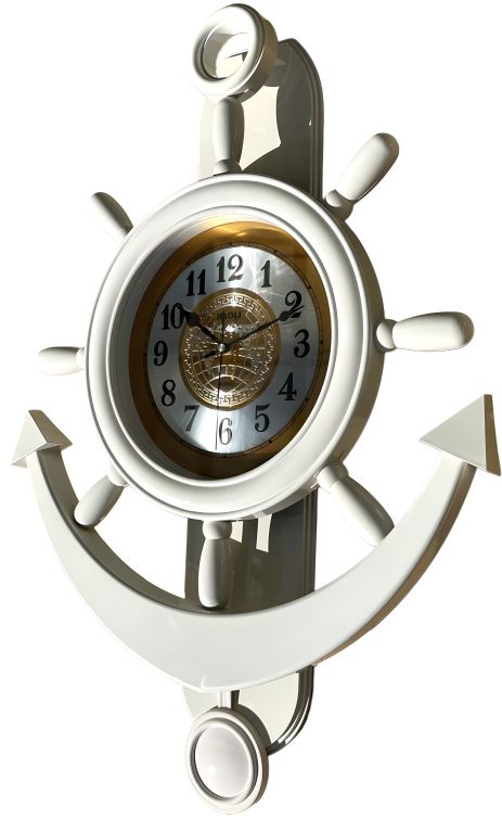 Морские настенные часы Якорь (80х50 см) Штурвал с маятником BAOLI белый