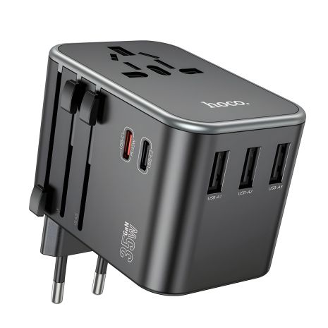 Мережевий зарядний пристрій Hoco AC19, 3 USB, 2 Type-C, PD 35W, black, зручний