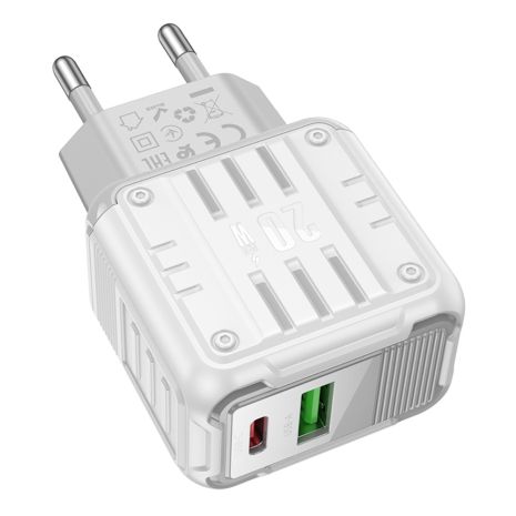 Мережевий зарядний пристрій Hoco C135A, USB, Type-C, PD20W, white Мережевий зарядний пристрій Hoco C135A, USB, Type-C, PD20W, white