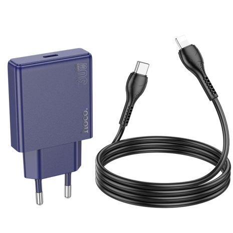 Мережевий зарядний пристрій Hoco N44, Type-C, PD 30W, кабель Type-C to Lightning, titanium blue Мережевий зарядний пристрій Hoco N44, Type-C, PD 30W, кабель Type-C to Lightning, titanium blue