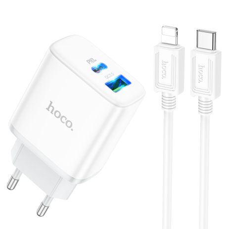Мережевий зарядний пристрій Hoco C105A Stage, dual port, PD20W, QC3.0, кабель Type-C to Lightning, Білий Мережевий зарядний пристрій Hoco C105A Stage, dual port, PD20W, QC3.0, кабель Type-C to Lightning, Білий
