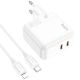 Мережевий зарядний пристрій Hoco C110A Lucky, PD, QC, 35W, білий, кабель Type-C to Lightning Мережевий зарядний пристрій Hoco C110A Lucky, PD, QC, 35W, білий, кабель Type-C to Lightning
