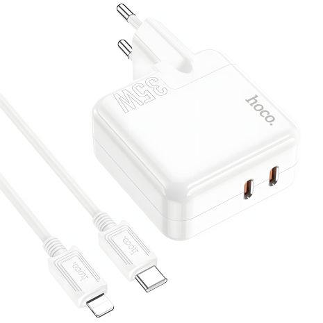 Мережевий зарядний пристрій Hoco C110A Lucky, PD, QC, 35W, білий, кабель Type-C to Lightning Мережевий зарядний пристрій Hoco C110A Lucky, PD, QC, 35W, білий, кабель Type-C to Lightning