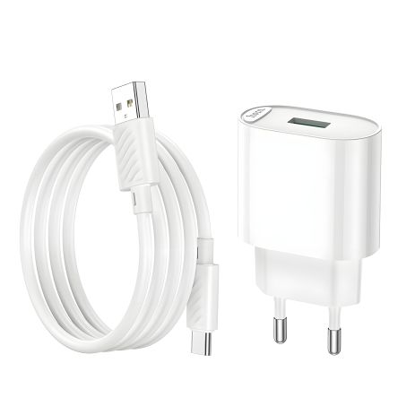 Зарядний мережевий пристрій Hoco C109A, QC 18W, USB, кабель USB to Type-C, білий