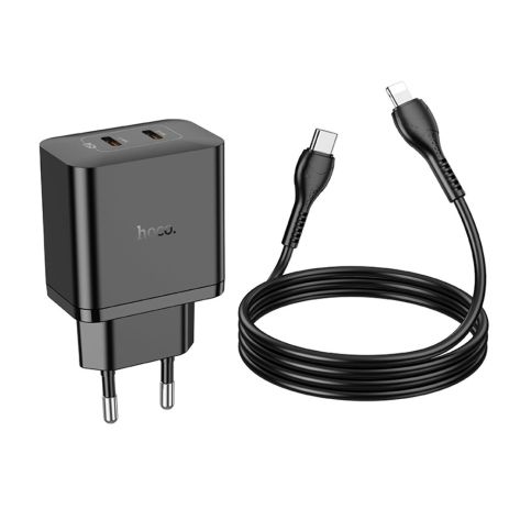 Мережевий зарядний пристрій Hoco N35, 2 Type-C, PD 45W, чорний, кабель Type-C to Lightning Мережевий зарядний пристрій Hoco N35, 2 Type-C, PD 45W, чорний, кабель Type-C to Lightning