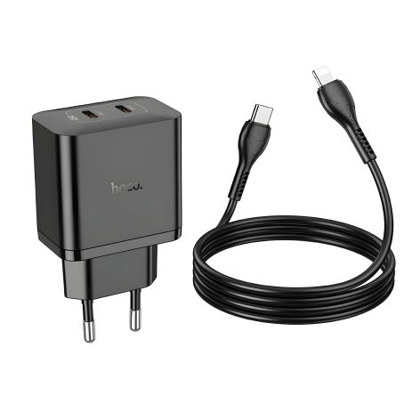 Зарядний пристрій мережевий Hoco N35, 2 Type-C, PD 45W, чорний, кабель Type-C to Lightning