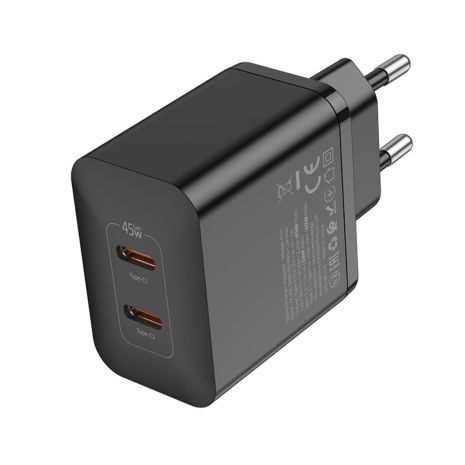Мережевий зарядний пристрій Hoco N35, 2 Type-C, PD 45W, чорний Мережевий зарядний пристрій Hoco N35, 2 Type-C, PD 45W, чорний