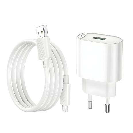 Зарядний пристрій мережевий Hoco C109A, USB, QC 18W, білий, кабель USB to MicroUSB
