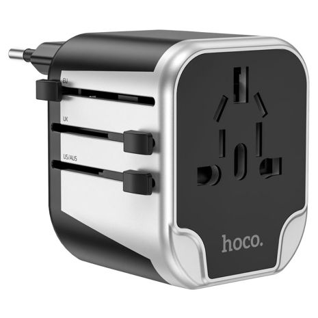Мережевий зарядний пристрій перехідник Hoco AC5, 2 USB (EU, US, UK, AUS) сріблясто-чорний Мережевий зарядний пристрій перехідник Hoco AC5, 2 USB (EU, US, UK, AUS) сріблясто-чорний