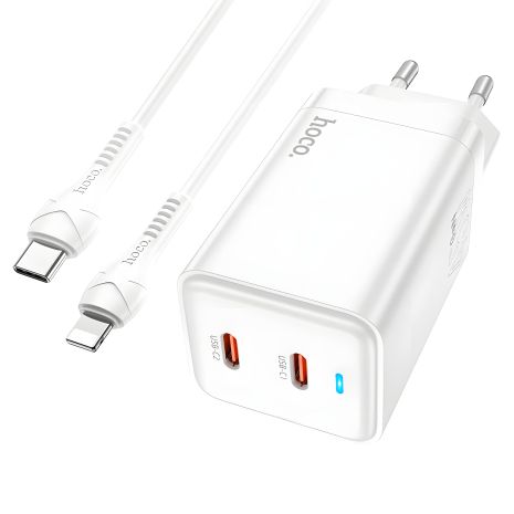 Сетевое зарядное устройство Hoco N23, 2x Type-C PD 45W, белое + кабель Type-C-Lightning Сетевое зарядное устройство Hoco N23, 2x Type-C PD 45W, белое + кабель Type-C-Lightning