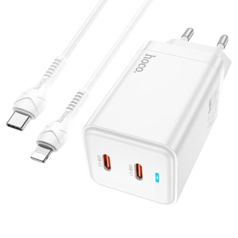 Мережевий зарядний пристрій Hoco N23, 2 Type-C, PD 45W, білий, кабель Type-C to Lightning Мережевий зарядний пристрій Hoco N23, 2 Type-C, PD 45W, білий, кабель Type-C to Lightning