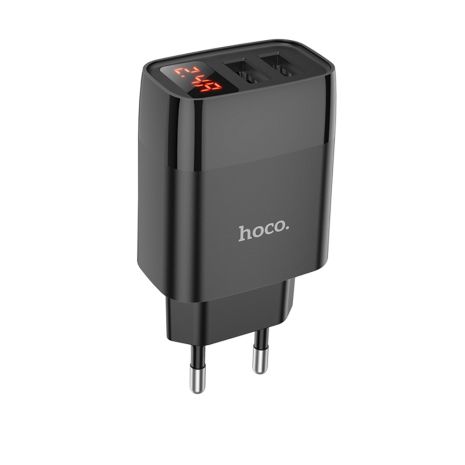 Мережевий зарядний пристрій Hoco C86A, 2 USB, з дисплеєм, чорний Мережевий зарядний пристрій Hoco C86A, 2 USB, з дисплеєм, чорний