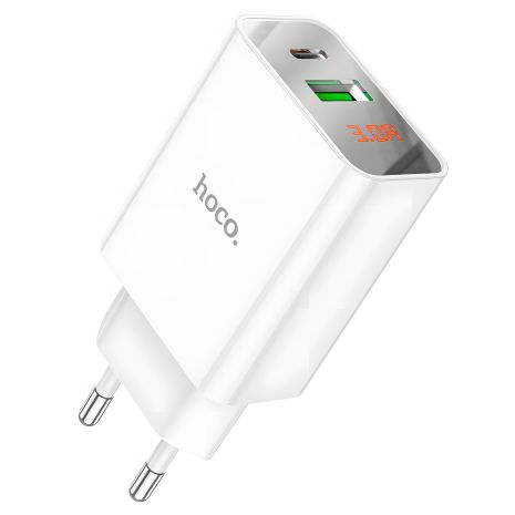Мережевий зарядний пристрій Hoco C100A, USB, Type-C, QC, PD, з дисплеєм, білий Мережевий зарядний пристрій Hoco C100A, USB, Type-C, QC, PD, з дисплеєм, білий