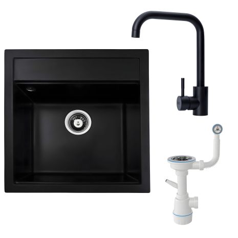 VALESO 5149 (Black) Granite Kitchen Sink + 1041 Siphon + Black BG77 Faucet