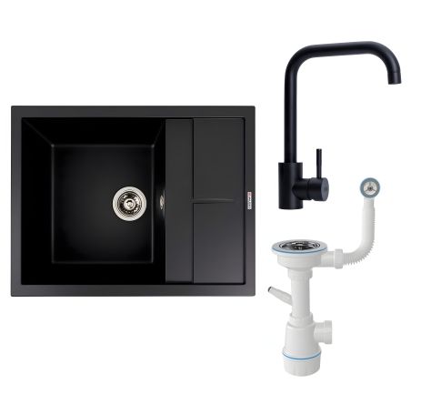 Комплект: Кухонная мойка LOTOS 6550 черная + Черный смеситель BG77 + Сифон 1041
