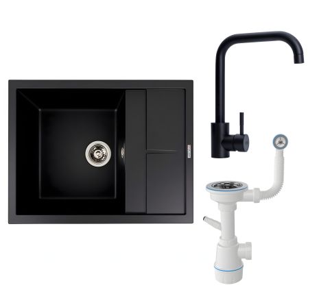 Комплект: Кухонная мойка LOTOS 6550 черная + Черный смеситель BG77 + Сифон 1041