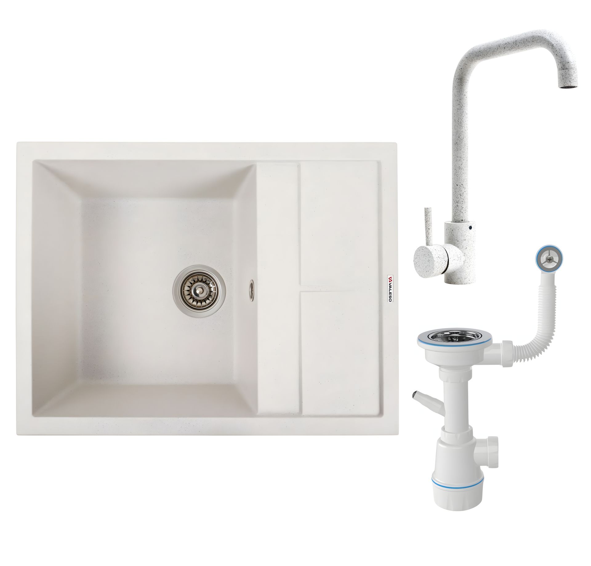 Комплект: Мийка біла в крапку LOTOS 6550 + Змішувач білий в крапку NS02A + Сифон 1041 Комплект: Мийка біла в крапку LOTOS 6550 + Змішувач білий в крапку NS02A + Сифон 1041