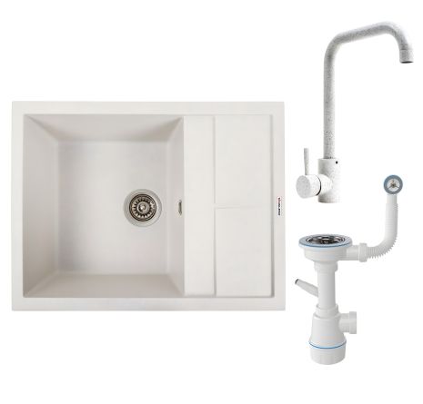 Комплект: Мойка LOTOS 6550 белая с крапинками + Смеситель NS02A белый с крапинками + Сифон 1041