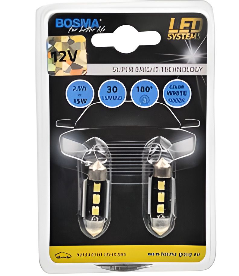 Автолампа SV8,5 LED 12V 3XSMD 2828 LED WHITE 10x31 (2 шт), BOSMA (3765) для авто Автолампа SV8,5 LED 12V 3XSMD 2828 LED WHITE 10x31 (2 шт), BOSMA (3765) для авто