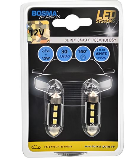 Светодиодная автолампа SV8,5 LED 12V 3XSMD 2828 LED WHITE 10x31 (2 шт), BOSMA 3765 Светодиодная автолампа SV8,5 LED 12V 3XSMD 2828 LED WHITE 10x31 (2 шт), BOSMA 3765