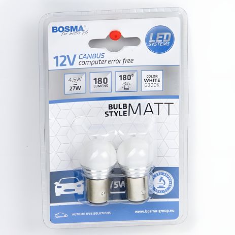 Автолампа BAY15D LED 12V 9XSMD 2835 LED WHITE MAT (2 шт.), BOSMA (5066)
