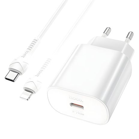Зарядний пристрій мережевий Hoco N22, Type-C, PD, 25W, білий, кабель Type-C to Lightning