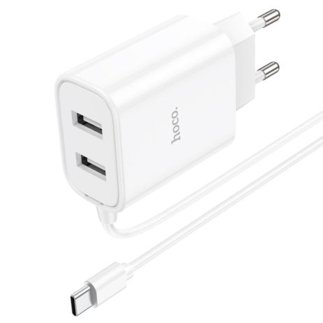 Мережевий зарядний пристрій Hoco C103A, 2 USB, білий, з кабелем Type-C Мережевий зарядний пристрій Hoco C103A, 2 USB, білий, з кабелем Type-C