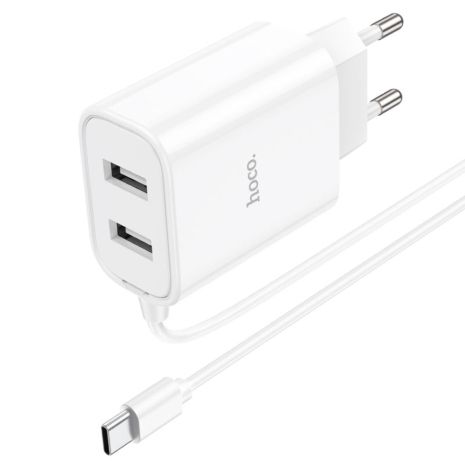 Мережевий зарядний пристрій Hoco C103A, 2 USB, білий, з кабелем Type-C Мережевий зарядний пристрій Hoco C103A, 2 USB, білий, з кабелем Type-C