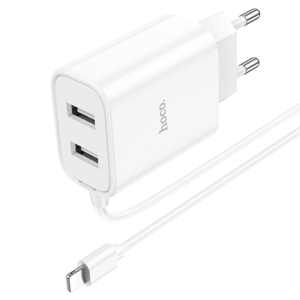 Мережевий зарядний пристрій Hoco C103A, 2 USB, білий, з кабелем Lightning Мережевий зарядний пристрій Hoco C103A, 2 USB, білий, з кабелем Lightning