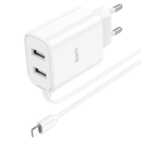 Мережевий зарядний пристрій Hoco C103A, 2 USB, білий, з кабелем Lightning Мережевий зарядний пристрій Hoco C103A, 2 USB, білий, з кабелем Lightning