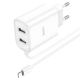 Мережевий зарядний пристрій Hoco C103A з 2 USB портами та кабелем Lightning, білий