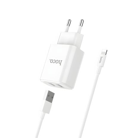 Мережевий зарядний пристрій Hoco C62A, 2 USB, білий, кабель USB to Lightning Мережевий зарядний пристрій Hoco C62A, 2 USB, білий, кабель USB to Lightning