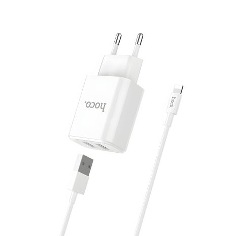 Мережевий зарядний пристрій Hoco C62A на 2 USB, білий, з кабелем USB to Lightning