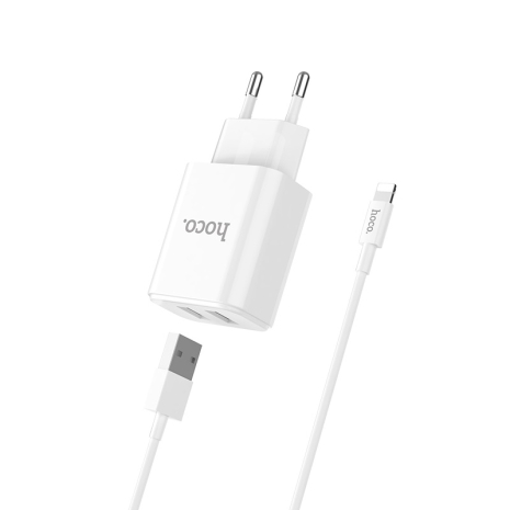 Мережевий зарядний пристрій Hoco C62A 2 USB білий + кабель USB to Lightning