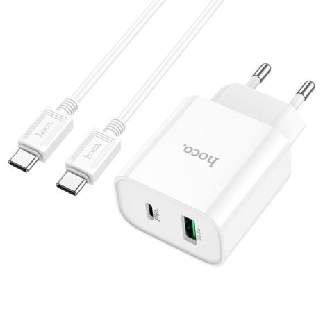 Мережевий зарядний пристрій Hoco C80A Plus, USB, Type-C, QC, PD, 20W, білий, кабель Type-C to Type-C Мережевий зарядний пристрій Hoco C80A Plus, USB, Type-C, QC, PD, 20W, білий, кабель Type-C to Type-C