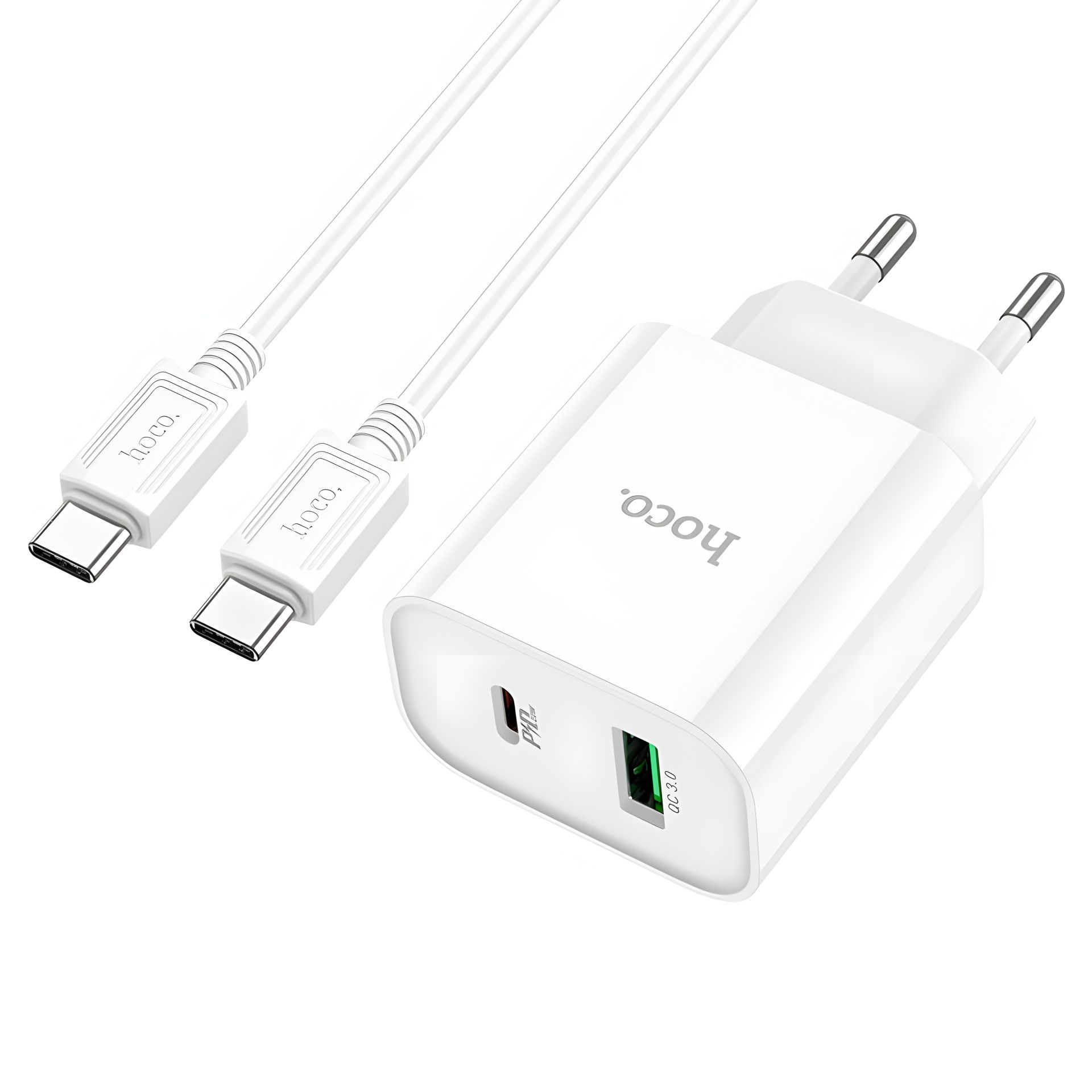 Мережевий зарядний пристрій Hoco C80A Plus, USB, Type-C, QC, PD, 20W, білий з кабелем Type-C to Type-C Мережевий зарядний пристрій Hoco C80A Plus, USB, Type-C, QC, PD, 20W, білий з кабелем Type-C to Type-C