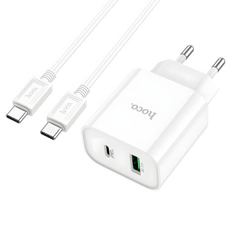 Мережевий зарядний пристрій Hoco C80A Plus, USB, Type-C, QC, PD, 20W, білий з кабелем Type-C to Type-C