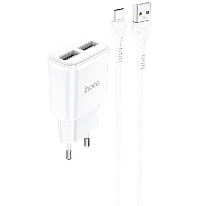 Мережевий зарядний пристрій Hoco C88A, 2USB, 2.4A, кабель Type-C, White Мережевий зарядний пристрій Hoco C88A, 2USB, 2.4A, кабель Type-C, White