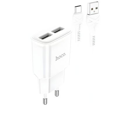 2-портовое зарядное устройство Hoco C88A 2USB 2.4A + кабель Type-C, белое