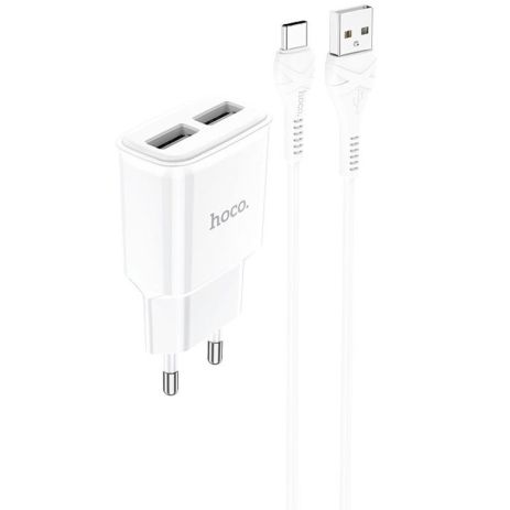 Мережевий зарядний пристрій Hoco C88A, 2USB, 2.4A, кабель Type-C, White Мережевий зарядний пристрій Hoco C88A, 2USB, 2.4A, кабель Type-C, White