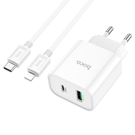 Мережевий зарядний пристрій Hoco C80A Plus, USB, Type-C, QC, PD, 20W, білий, кабель Type-C to Lightning Мережевий зарядний пристрій Hoco C80A Plus, USB, Type-C, QC, PD, 20W, білий, кабель Type-C to Lightning