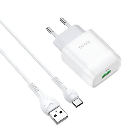 Мережевий зарядний пристрій Hoco C72Q Glorious QC3.0 з кабелем Type-C, білий