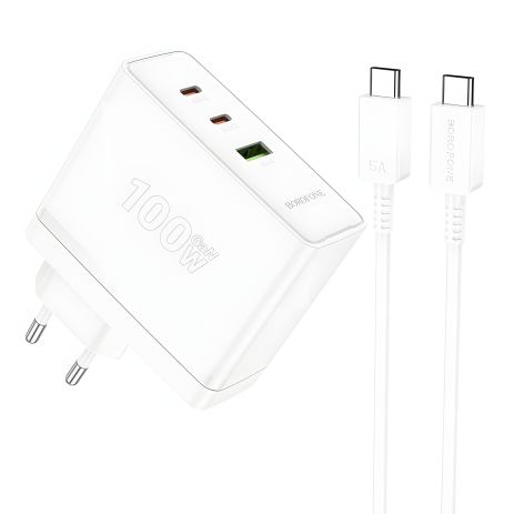 Сетевое зарядное устройство Borofone BN11 USB/ 2 Type-C PD 100W белое + кабель Type-C to Type-C Сетевое зарядное устройство Borofone BN11 USB/ 2 Type-C PD 100W белое + кабель Type-C to Type-C