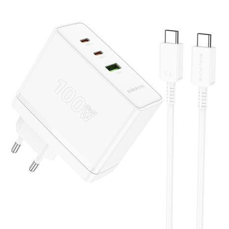 Мережевий зарядний пристрій Borofone BN11, USB, 2 Type-C, PD, 100W, білий, кабель Type-C to Type-C Мережевий зарядний пристрій Borofone BN11, USB, 2 Type-C, PD, 100W, білий, кабель Type-C to Type-C